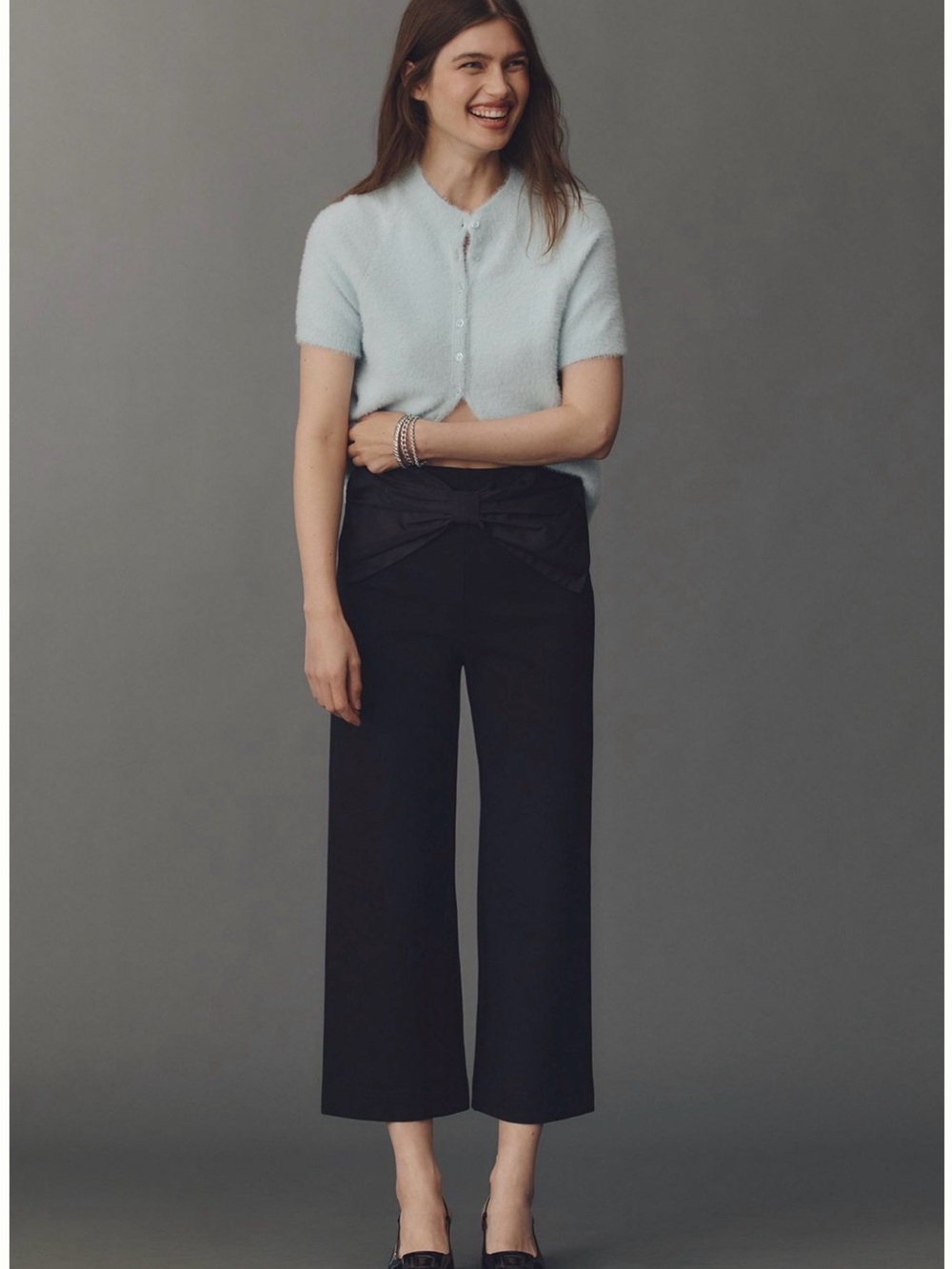 Maeve Black Cropped Wide-Leg Pants with Bow Front